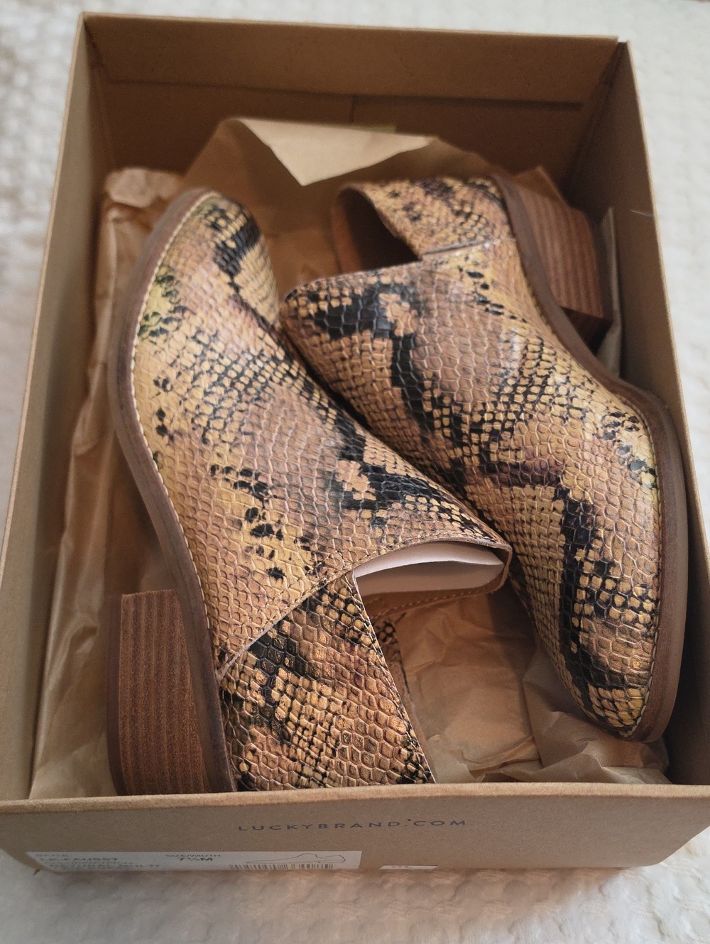 Lucky Brand Women's Snake-Print Slip-On Booties in Tan and Black